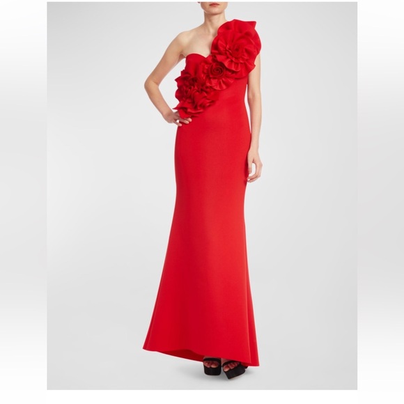 Badgley Mischka one shoulder rosette scuba gown